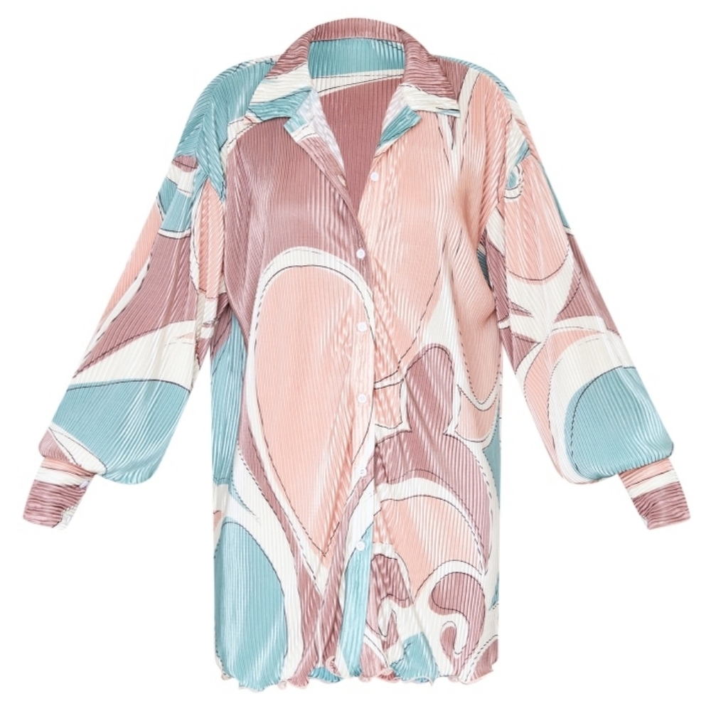 PrettyLittleThing Stone Abstract Print Plisse Frill Hem Shirt Dress Oversized 10 - Picture 5 of 16